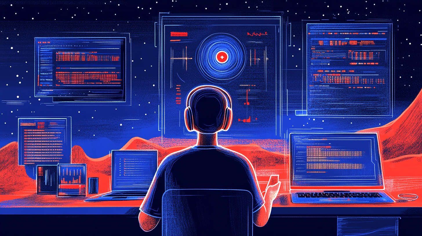 Silhouette of short haired laptop worker with red headphones facing away from us seated in chair operating holographic computer screens and laptop with various data structures in front of midnight blue night sky