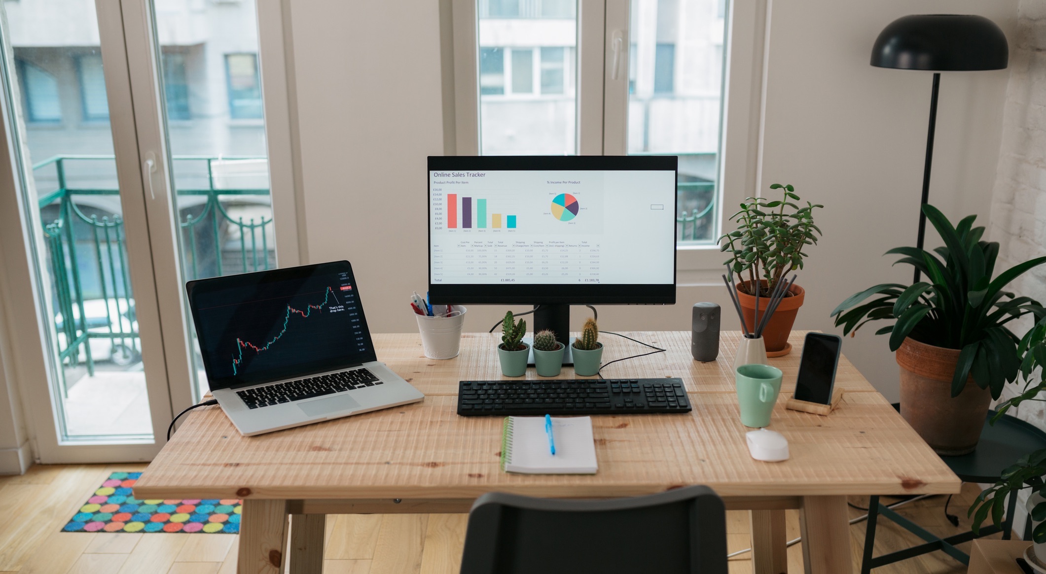 Well equipped and organized home office for a modern freelance work, no people