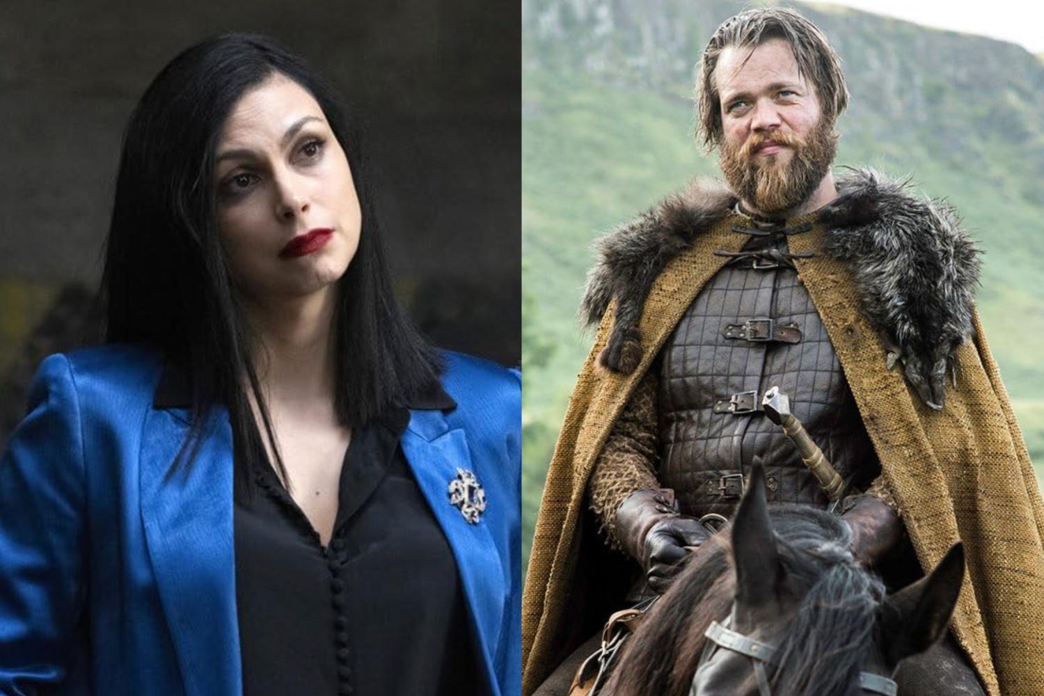 A woman stands and looks while a man sits on a horse.