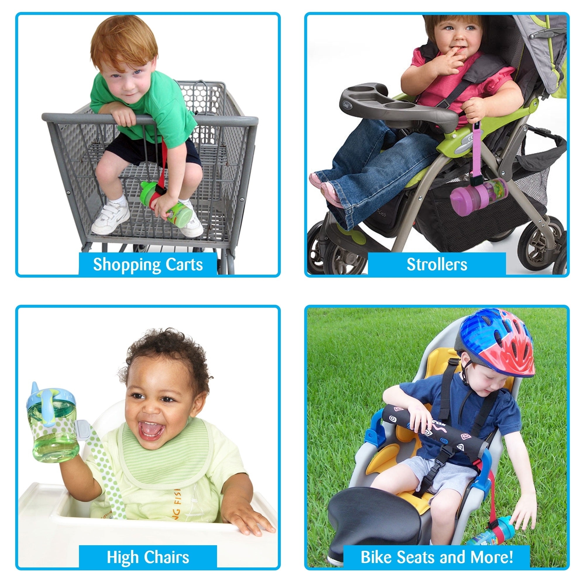 Collage of toddlers with safety harnesses in shopping carts, strollers, high chairs, and bike seats