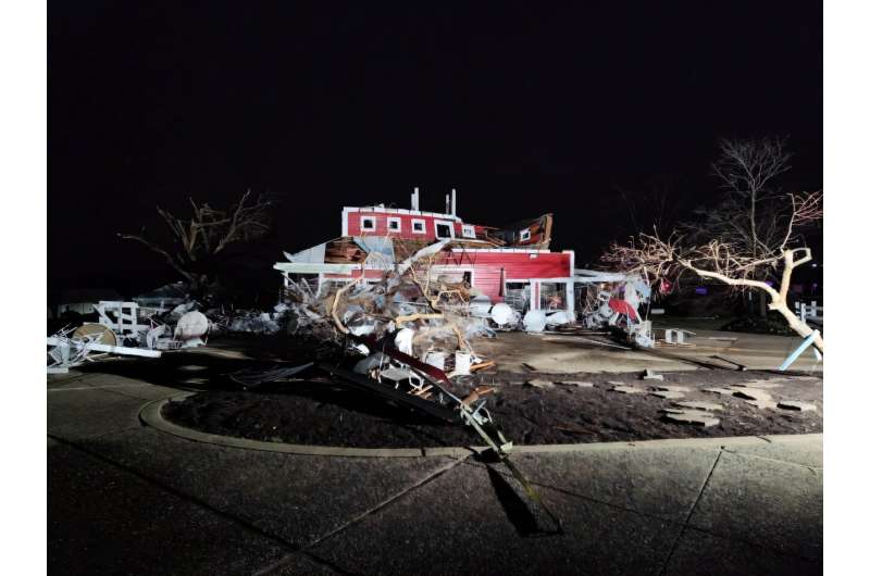 This March 15, 2025 image released by the Missouri State Highway Patrol shows severe weather damage in Missouri. This March 15, 2025 image released by the Missouri State Highway Patrol shows severe weather damage in Missouri