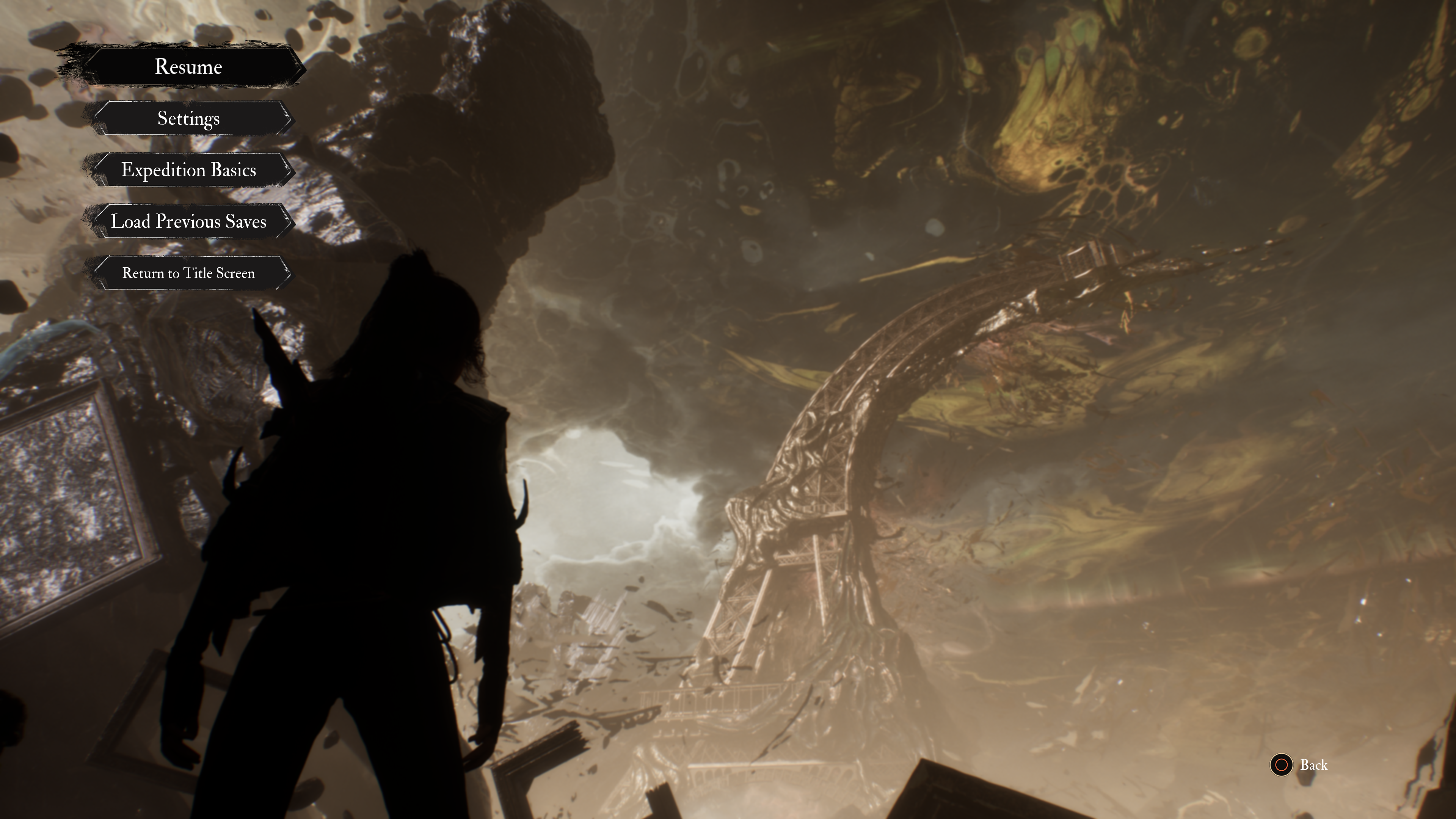 A screenshot of Clair Obscur’s twisted version of the Eiffel Tower, which is unfortunately obscured by the save menu because this game doesn’t have a photo mode.