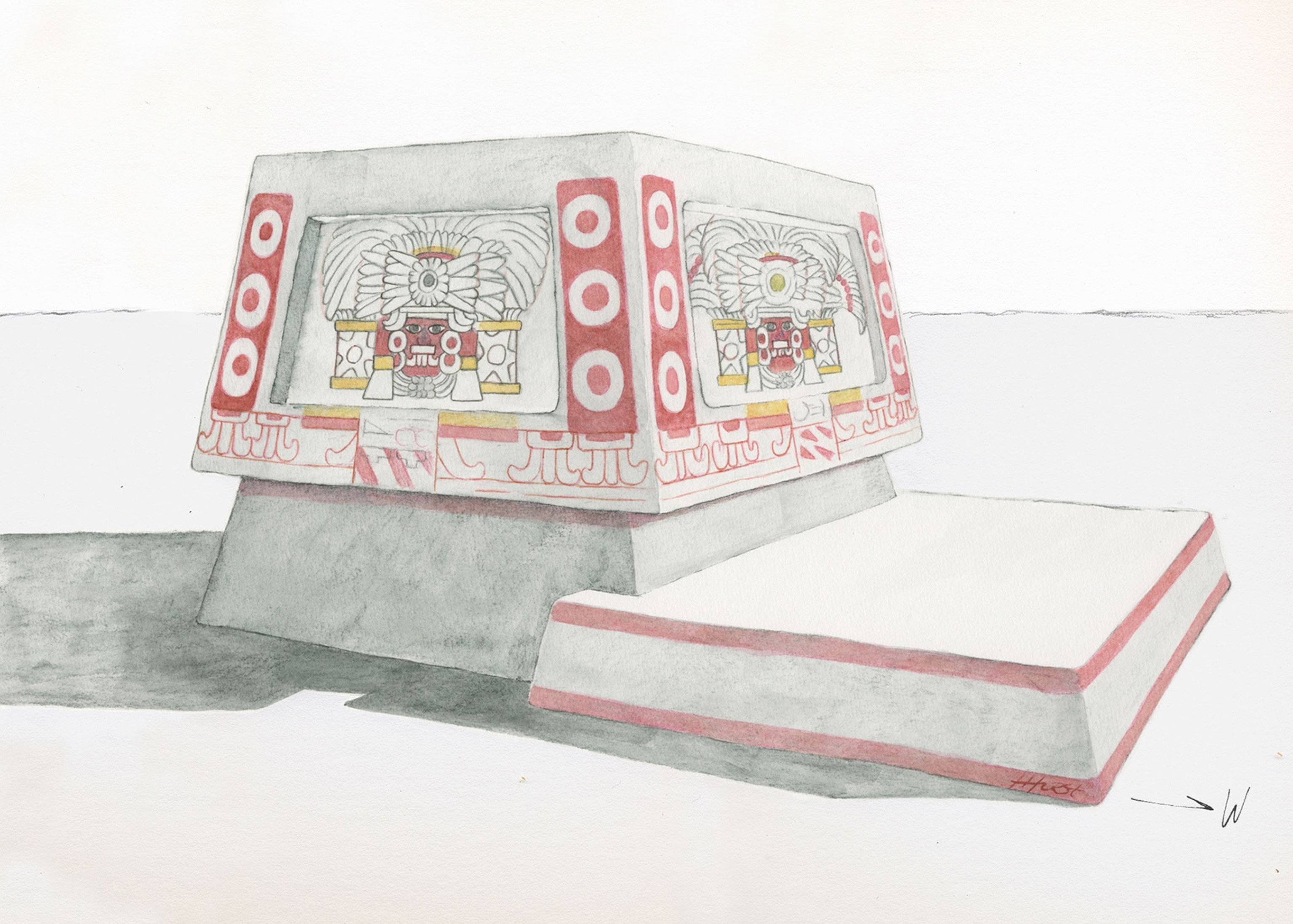 A rendering of an ancient mayan altar illustrates the painted panels of red, black and yellow depicting a person wearing a feathered headdress and flanked by shields or regalia