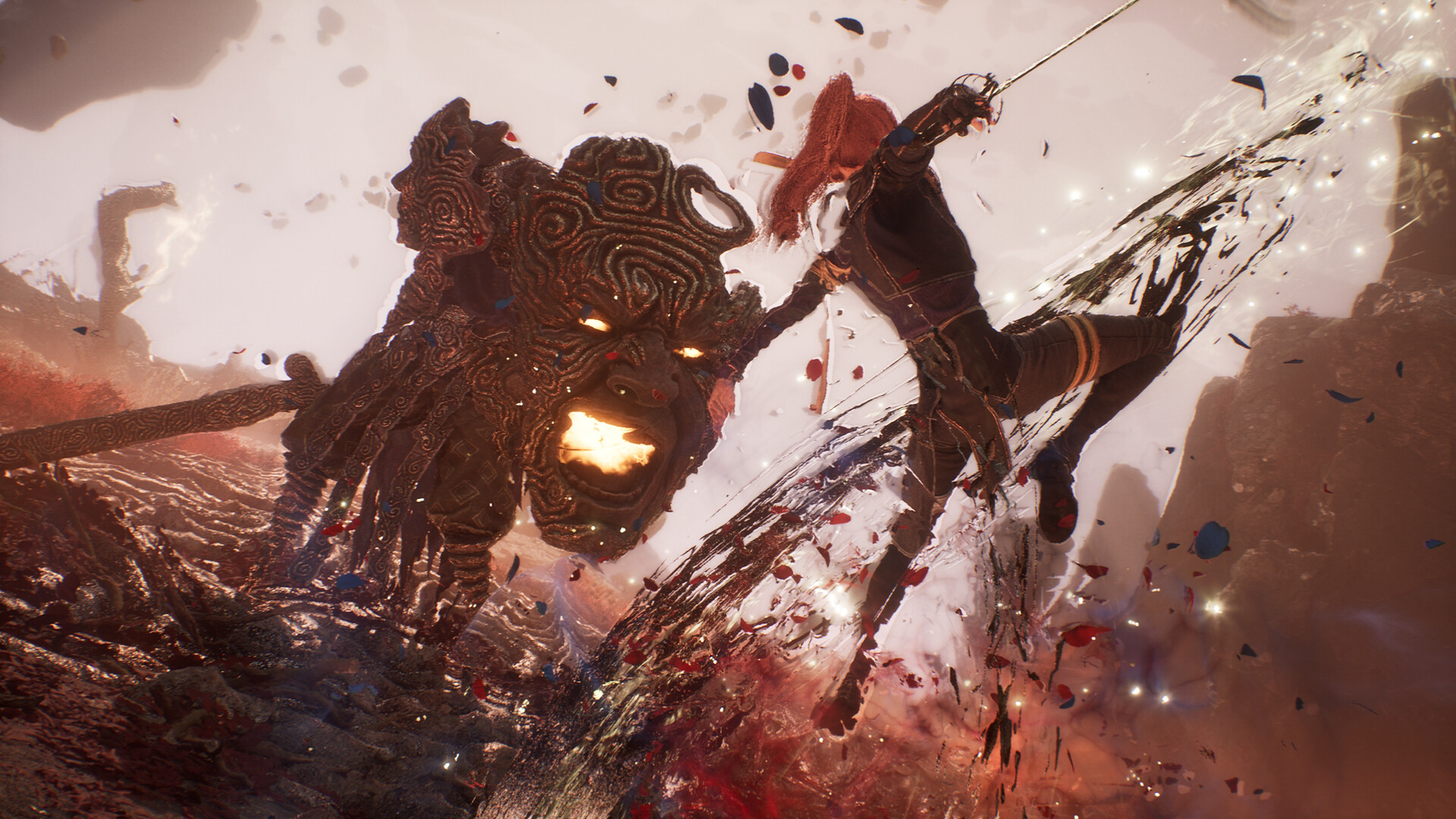 Maelle, one of the characters in Clair Obscur, leaps in the air brandishing her sword against a strange Eldritch enemy