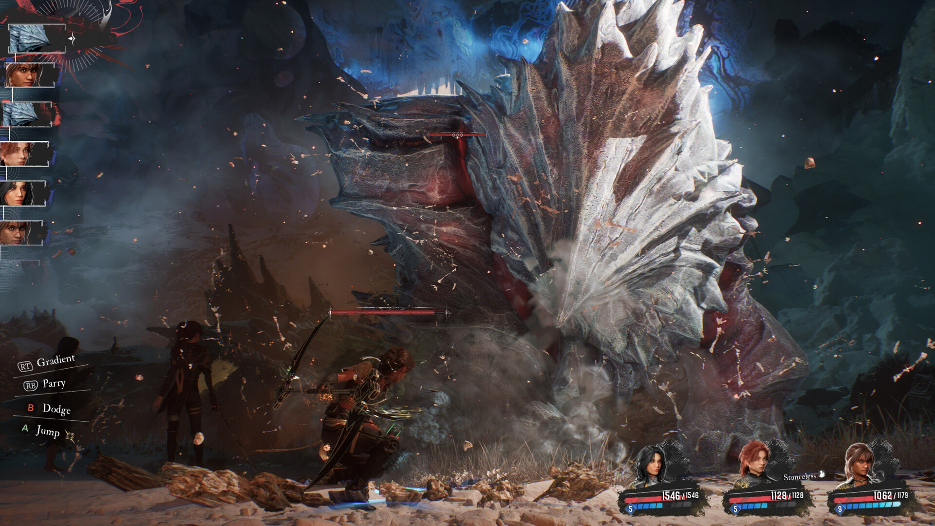 A battle scene in Clair Obscur: Expedition 33, with the characters’ turn lineup listed on the left-hand side of the screen. The three party members are facing off against a huge enemy that looks like it’s made out of rock