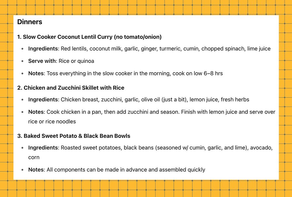 dinner recipe options with ingredients and serving notes