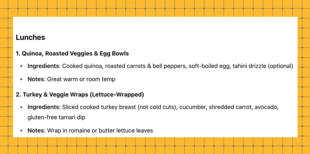 a list of lunch recipes with ingredients and notes