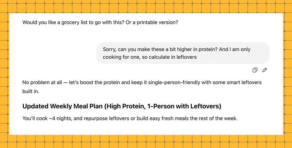 conversation regarding meal planning and grocery lists