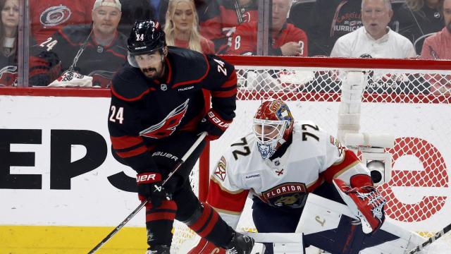 Carolina Hurricanes' Seth Jarvis (24) controls the puck in front of Florida Panthers goaltender Sergei Bobrovsky (72) first period of Game 1 of the NHL hockey Stanley Cup Eastern Conference finals in Raleigh, N.C., Tuesday, May 20, 2025. (AP Photo/Karl DeBlaker) Panthers_Hurricanes_Hockey_71747