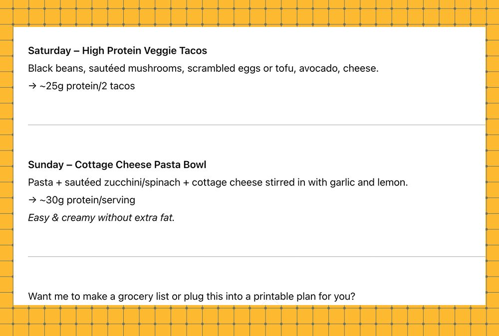meal plan highlighting high protein recipes for saturday and sunday