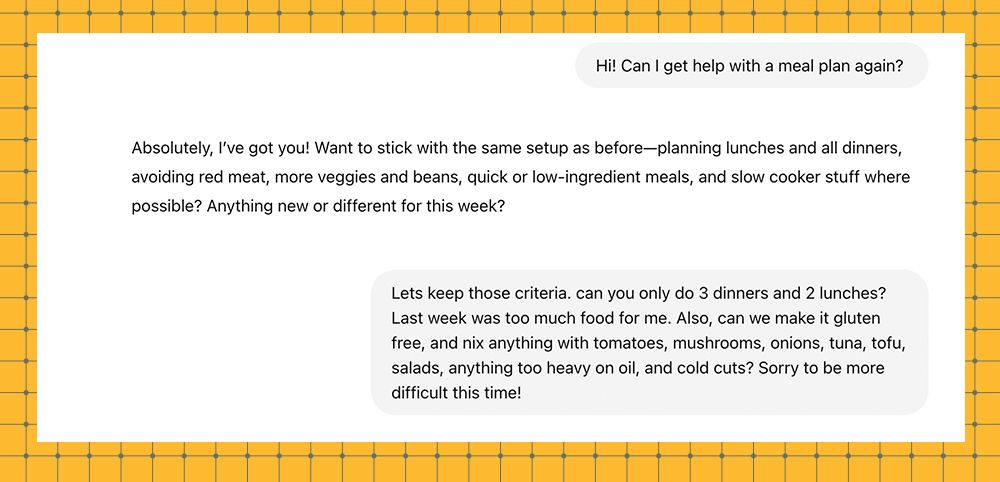 conversation about meal planning preferences and dietary restrictions
