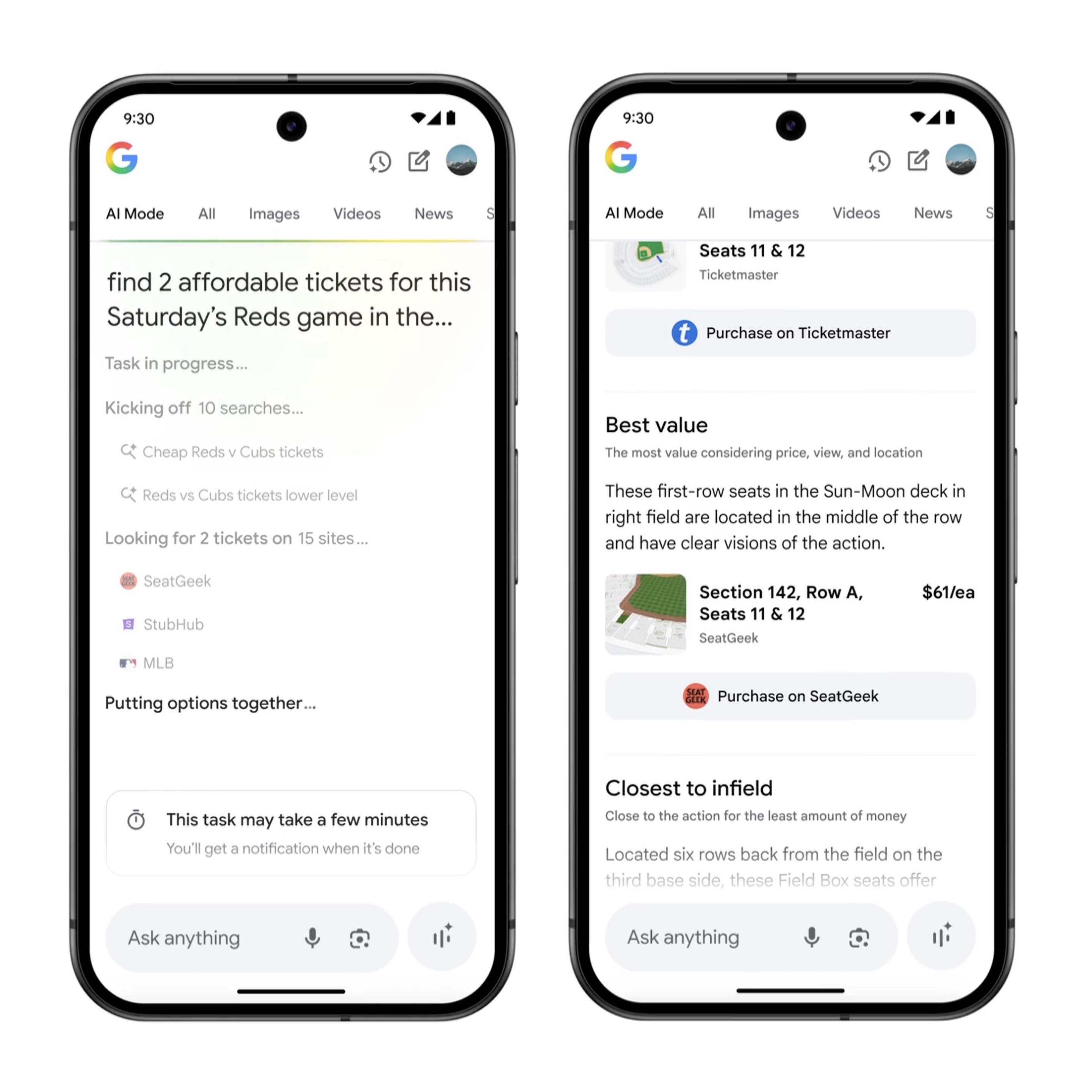Two screenshots showing AI Mode in Google search.