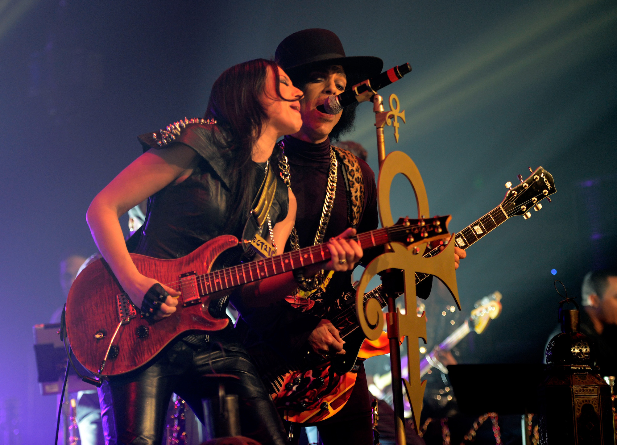 Donna Grantis (left) and Prince perform onstage at the Hollywood Palladium in Los Angeles, California on March 8, 2014