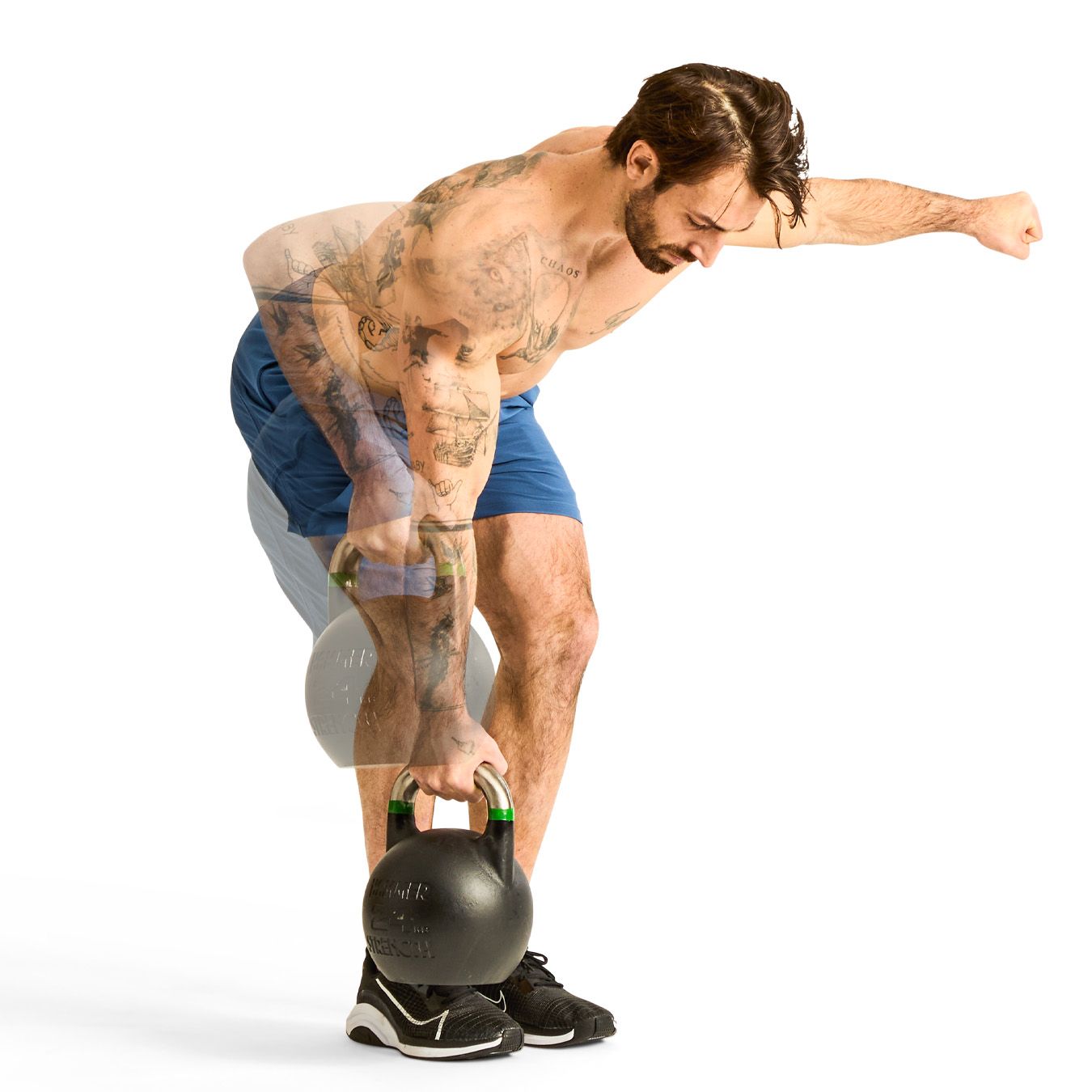 demonstration of a kettlebell exercise targeting the shoulder and upper body