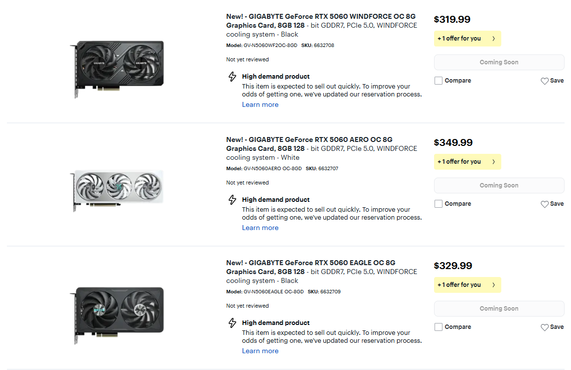 Best Buy listing for RTX 5060 cards (May 19, 2025)