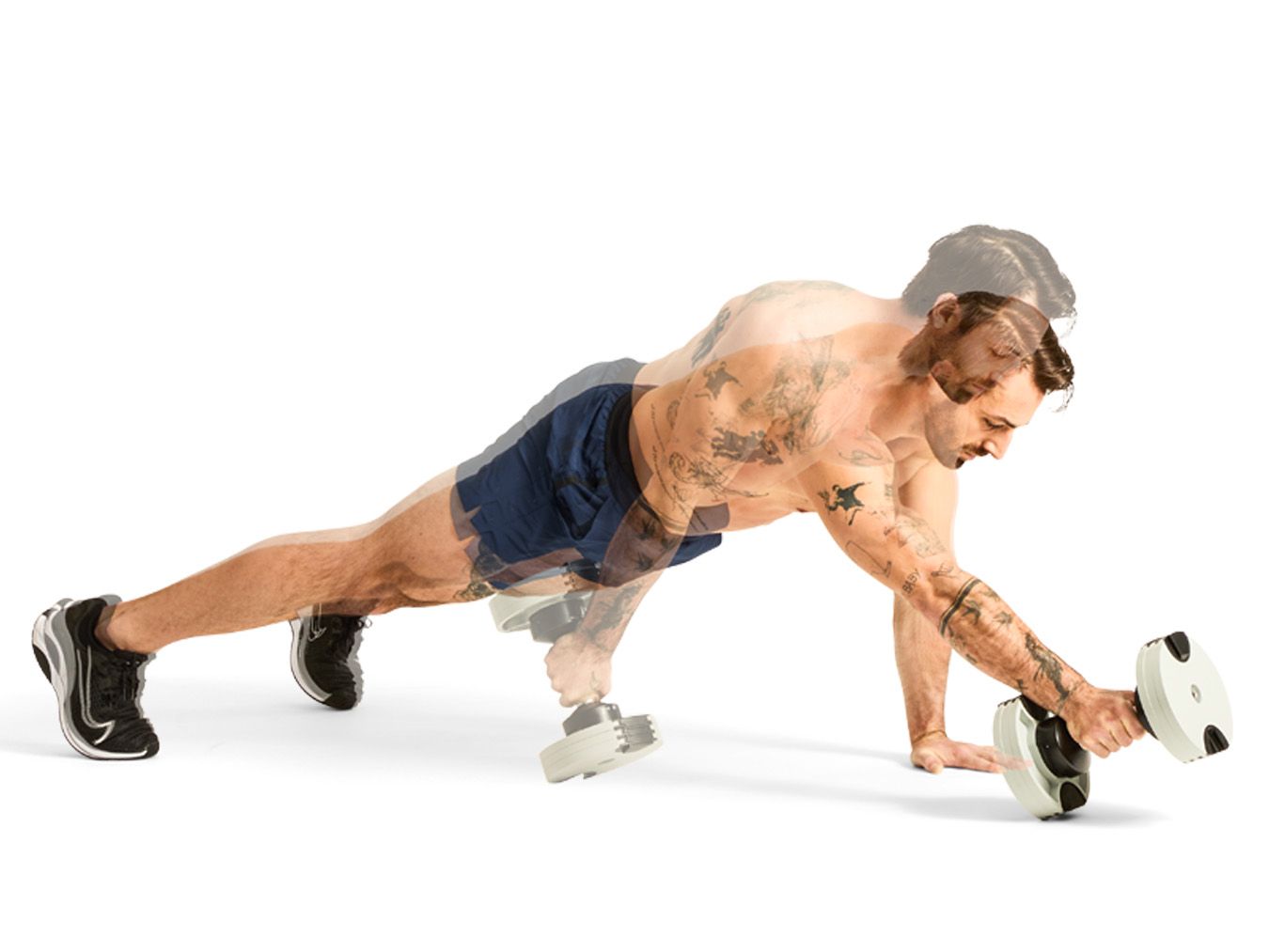 demonstration of a workout technique involving dumbbells