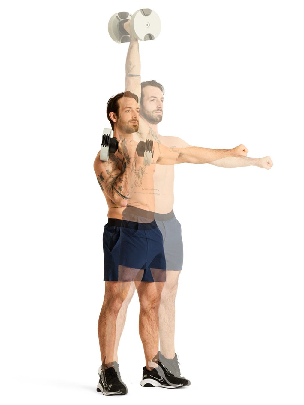 demonstrates an overhead dumbbell press exercise