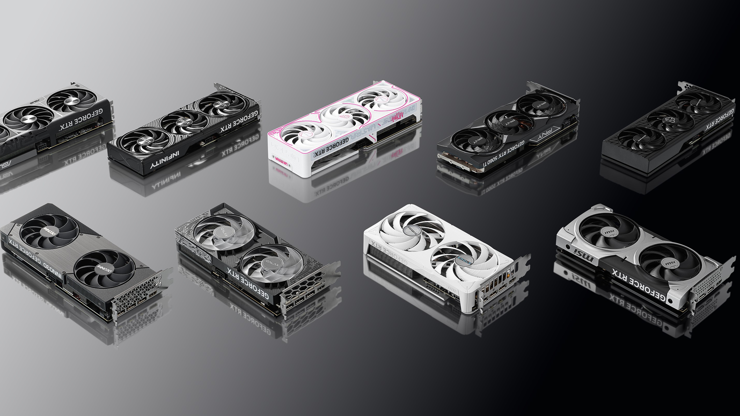 A picture showing several of the new RTX 5060 Ti custom partner cards