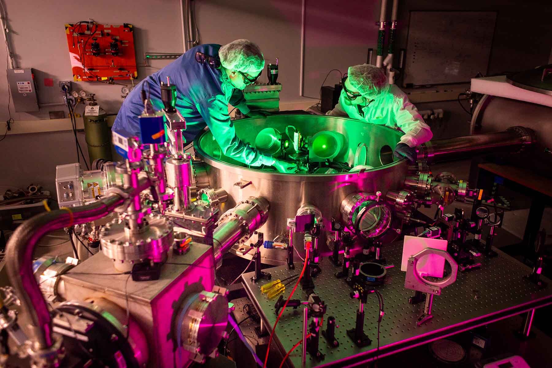 John Nees (left) and laser engineer Paul Campbell (right) work in Target Area 1, where the first 2 petawatt user experiment will take place. ZEUS is now the most powerful laser in the U.S. Image credit: Marcin Szczepanski, Michigan Engineering
