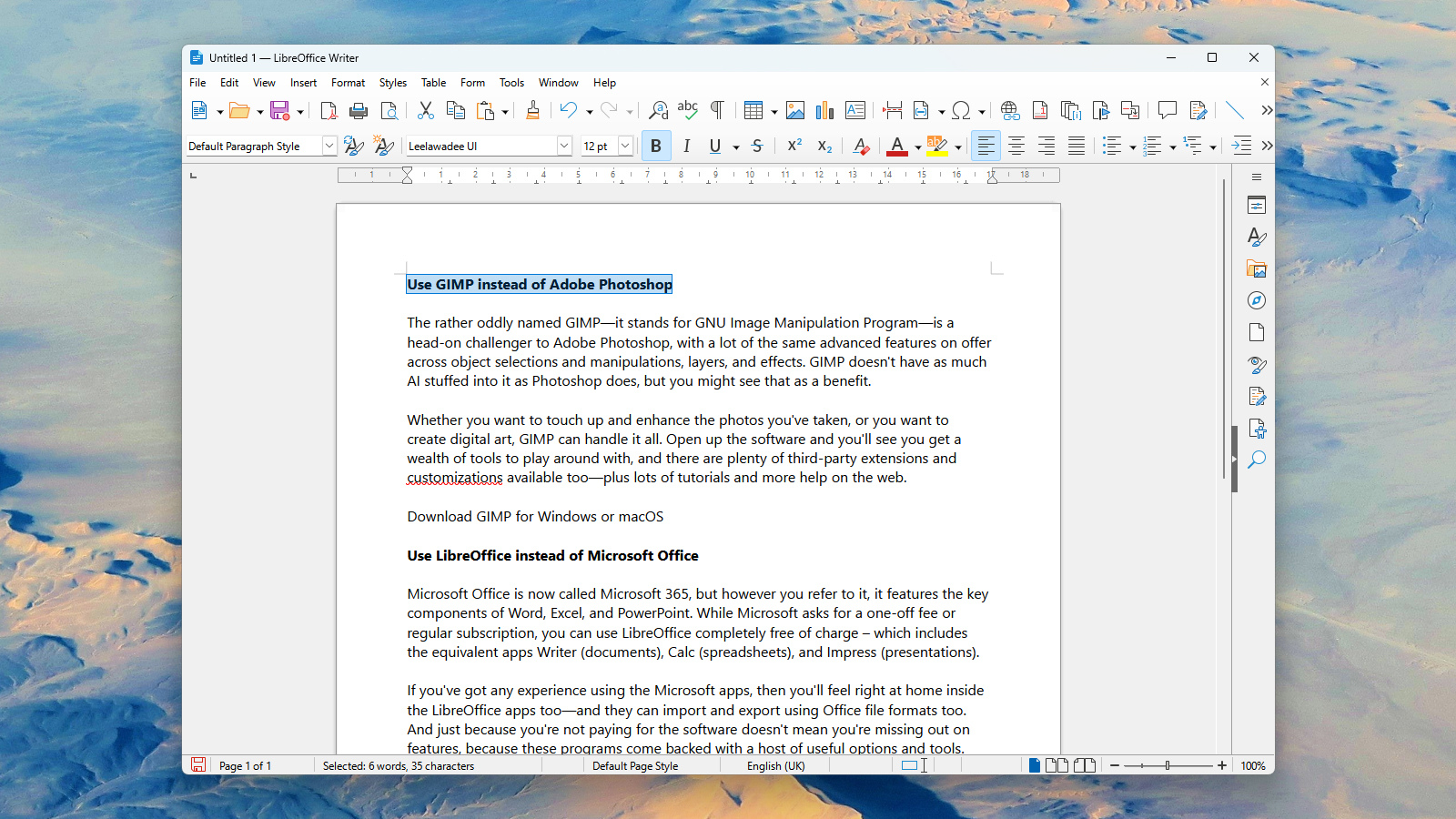 screenshot of libreoffice