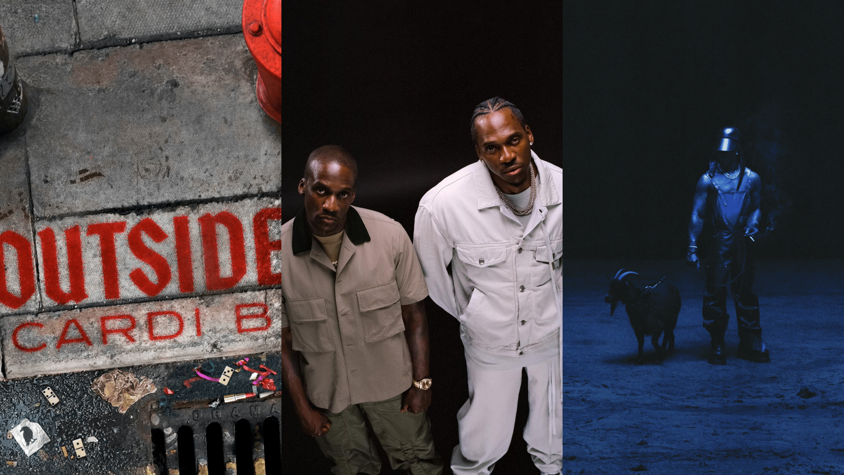 Split Image Of Cover Art For Cardi B, Clipse, Kanye West