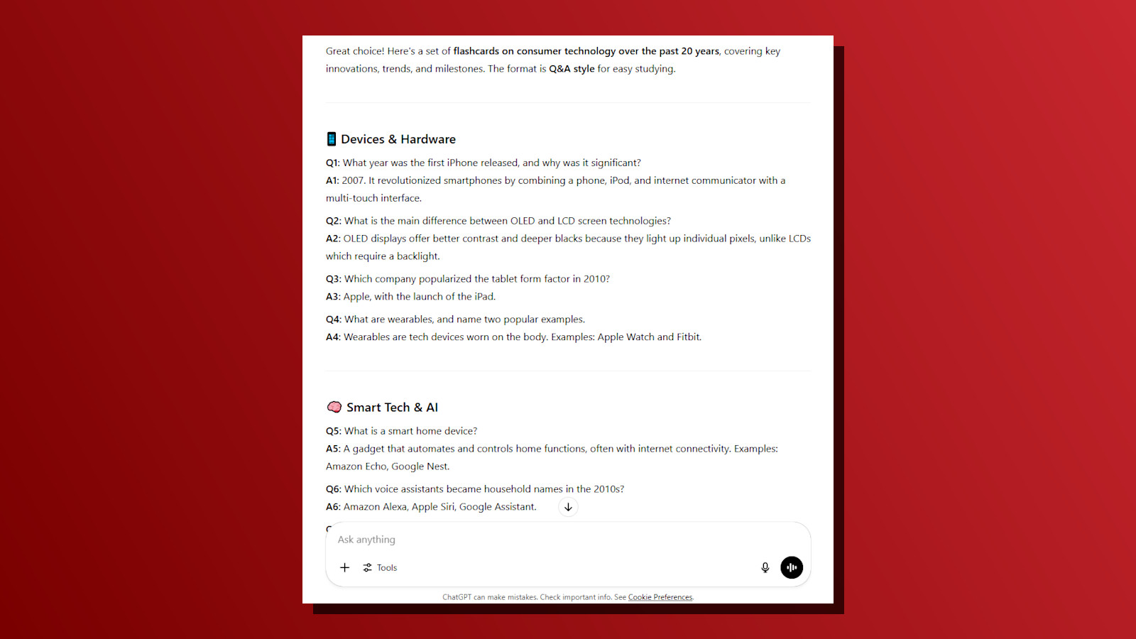 ChatGPT task question answer flash cards screenshot