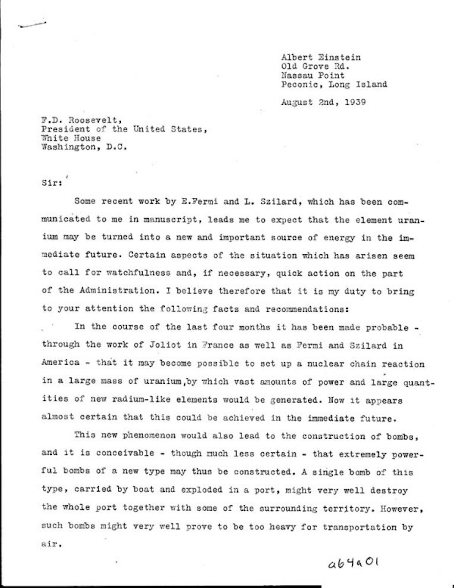 Page one of Einstein's letter to FDR advocating for the creation of a nuclear program in 1939.