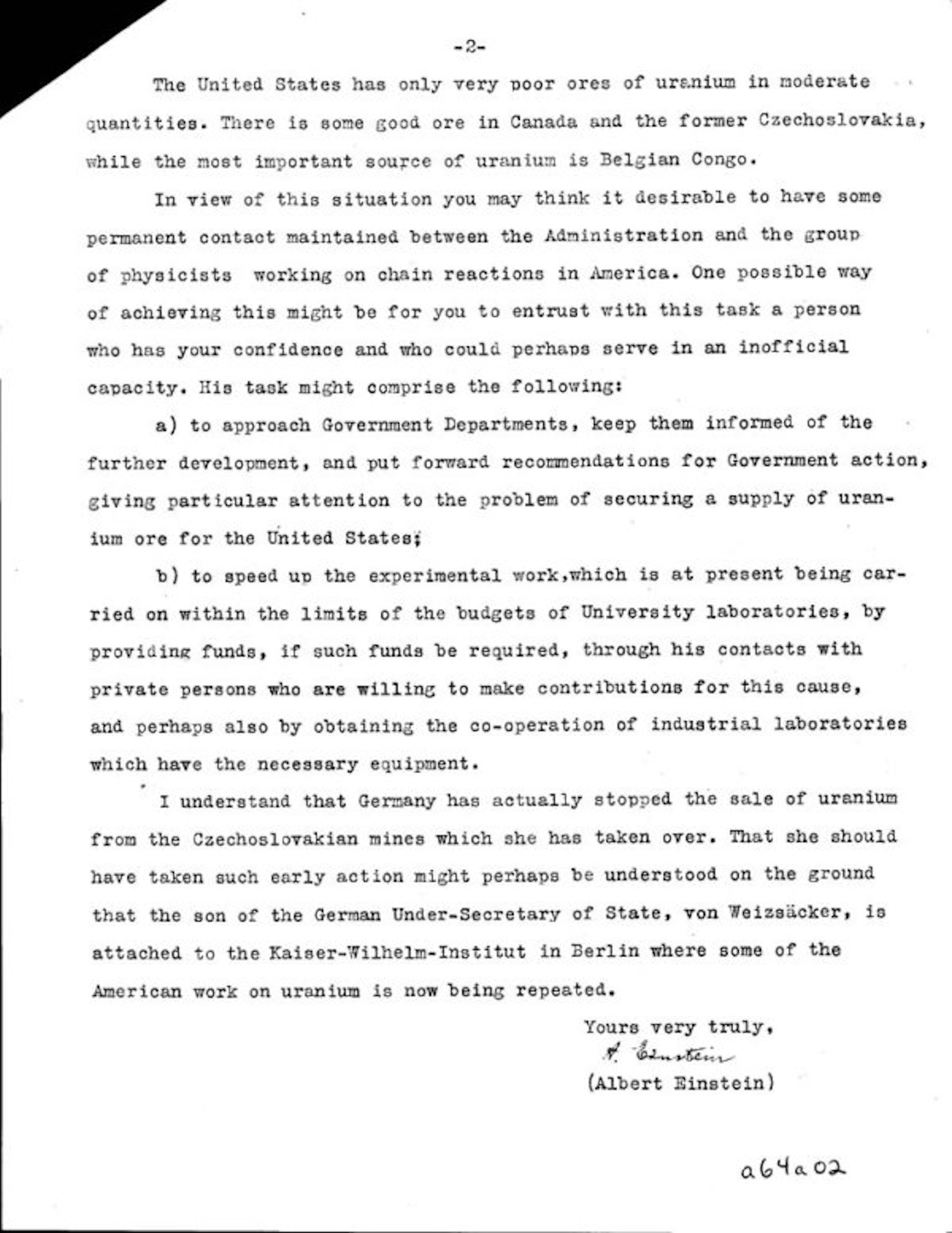 Page two of Einstein's letter to FDR advocating for the creation of a nuclear program in 1939.