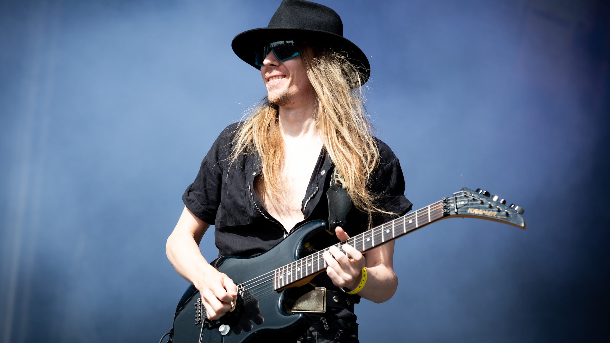 Dave Dalone performs onstage with H.E.A.T. at Alcatraz Metal Fest in Kortrijk, Belgium on August 12, 2023