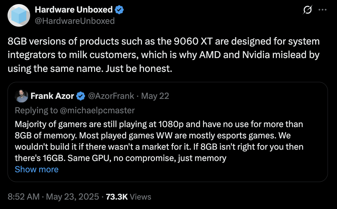 Hardware Unboxed reply to Frank Azor's post on X.