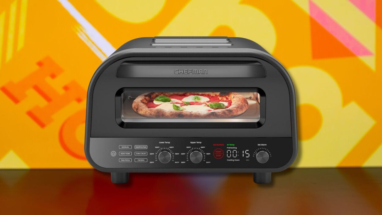 chefman indoor pizza oven against a yellow patterned background