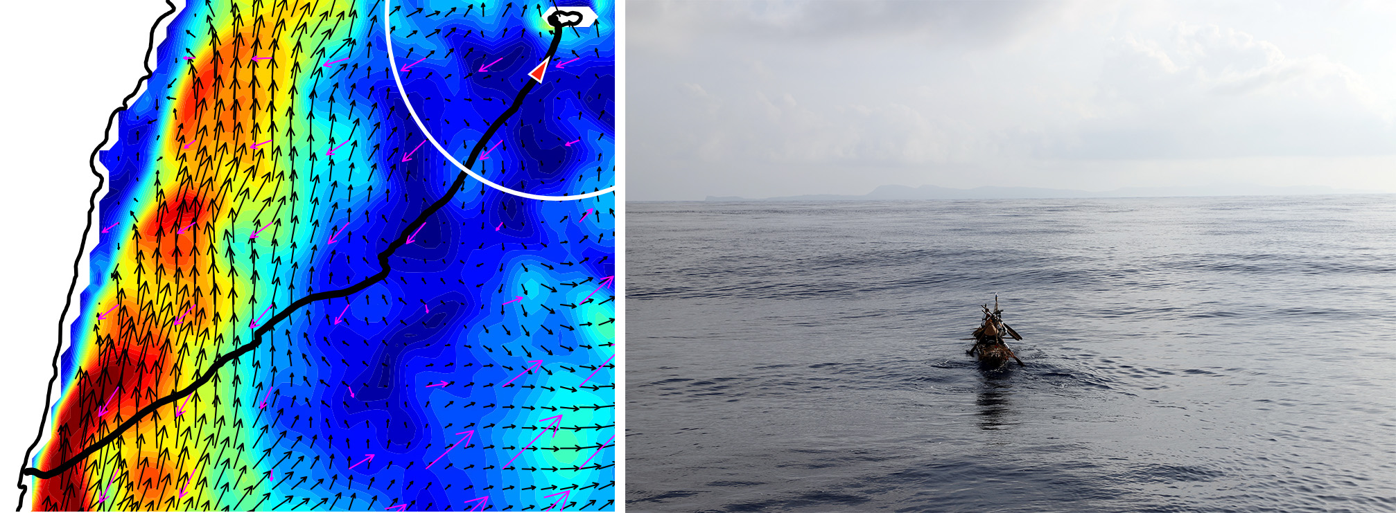 GPS tracking and modeling of ocean currents toward the end of the experimental voyage (left). The team around the time of the left image (right).