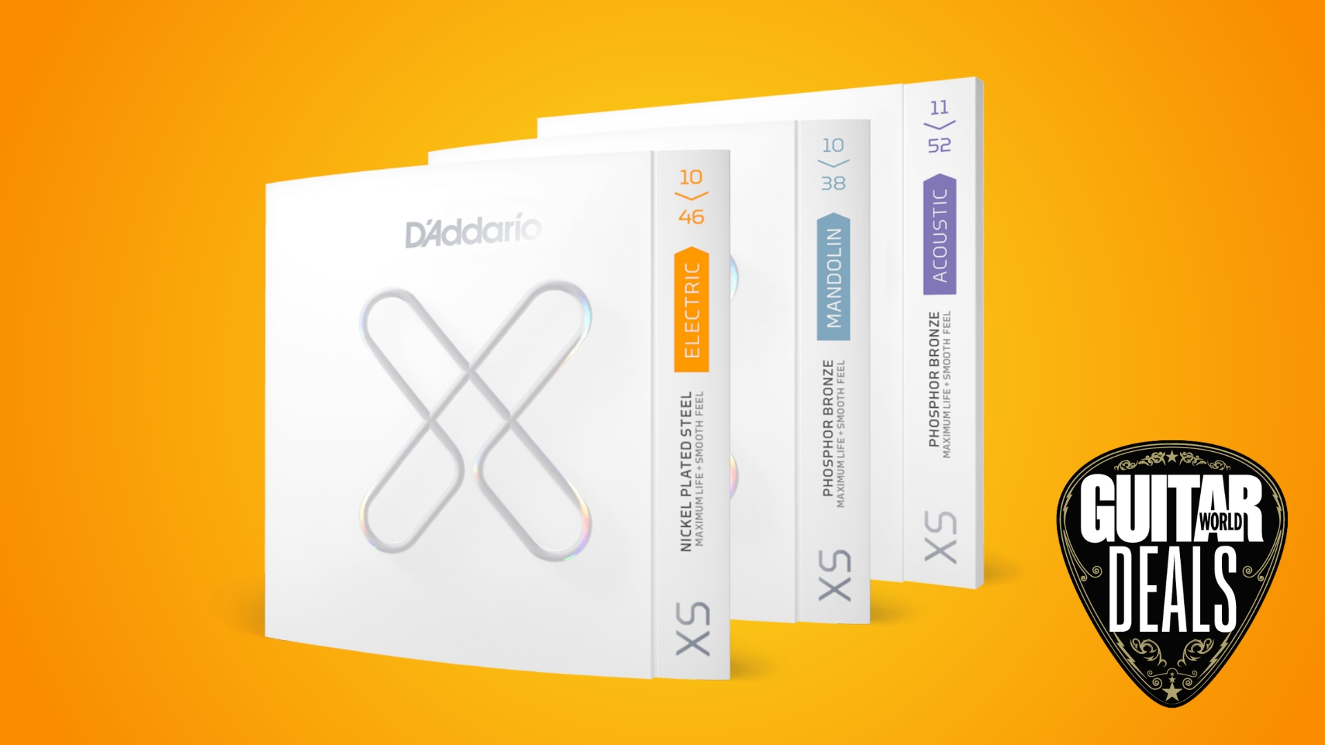 Three packs of D'Addario XS coated guitar strings on an orange background