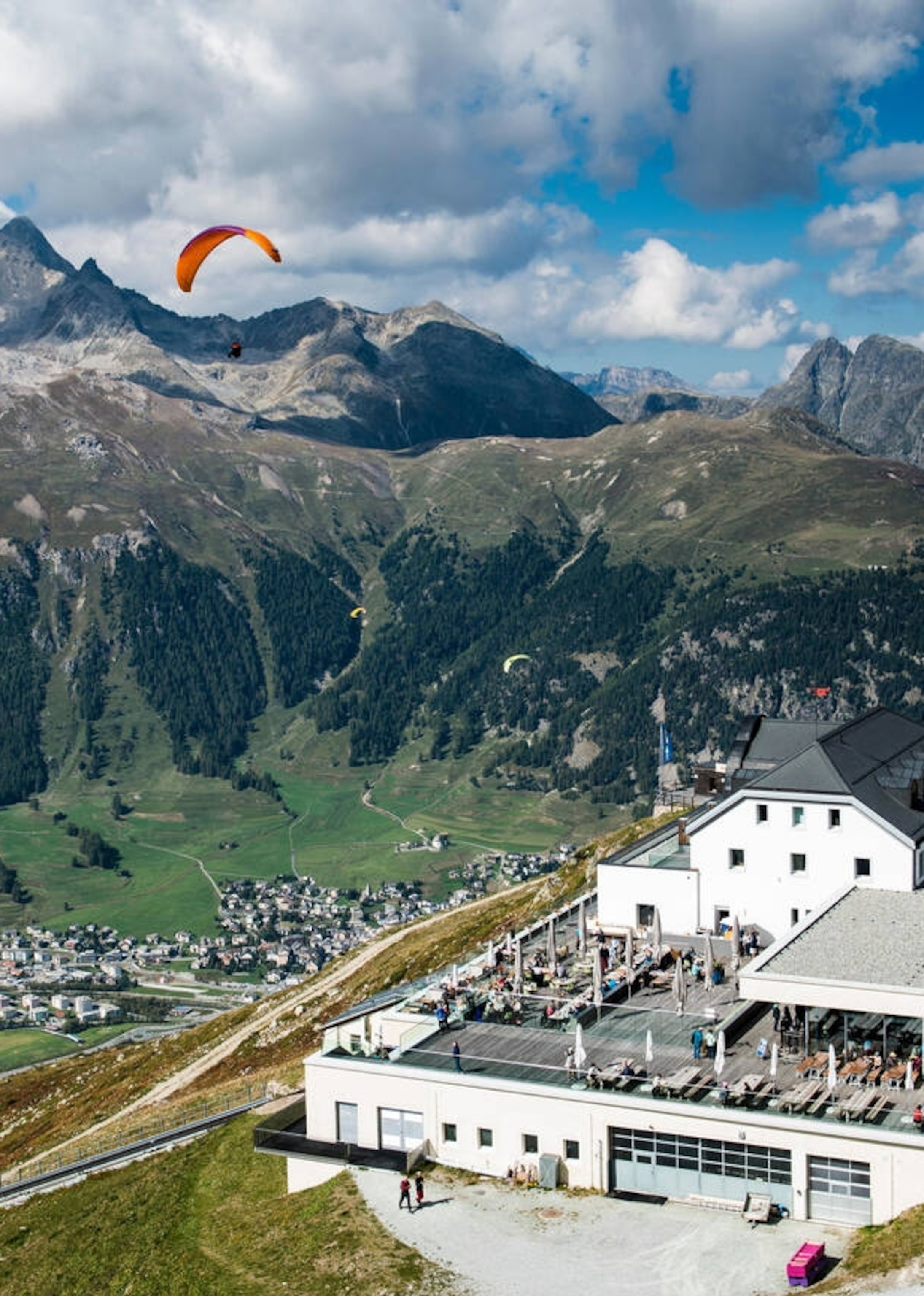 Muottas Muragl, mountain station of the funicular with panoramic terrace, Engadin, Canton of Grisons, Switzerland