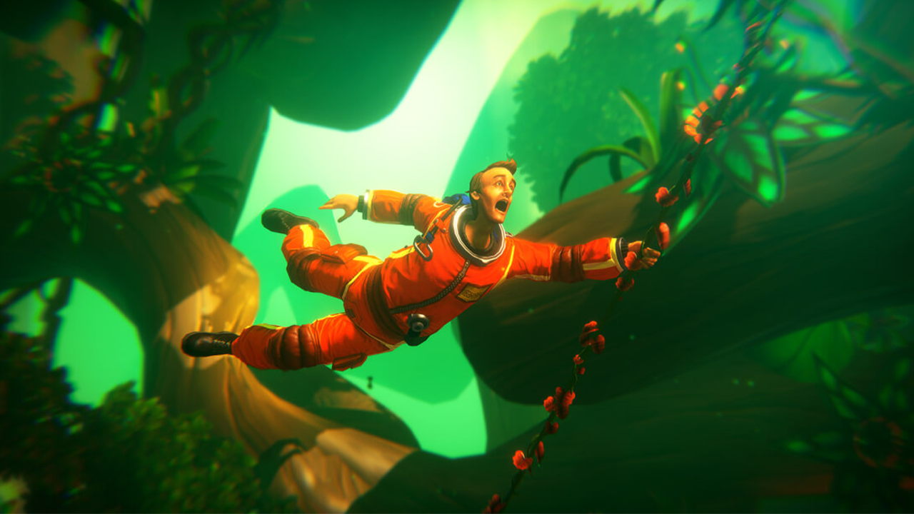 An adventurer swinging through a dense jungle on a vine in Little Orpheus  An adventurer swinging through a dense jungle on a vine in Little Orpheus