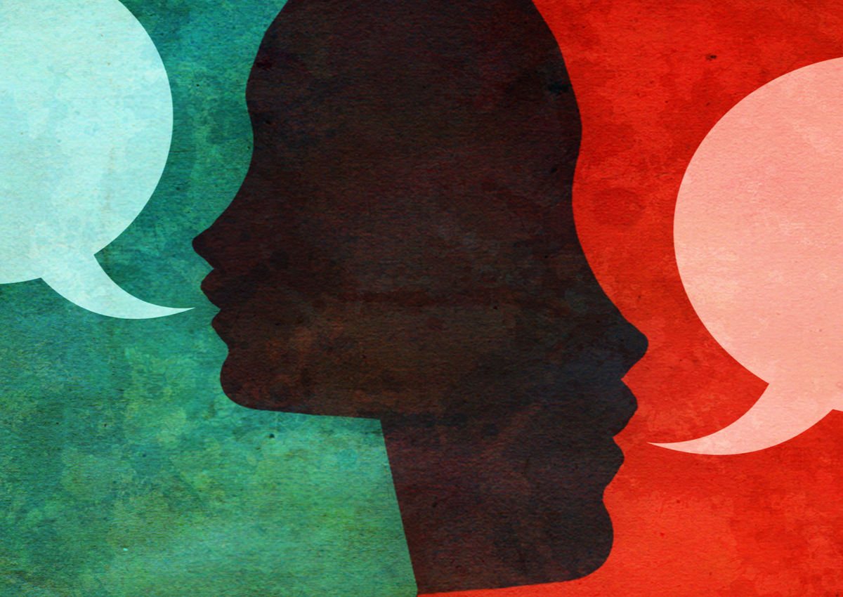illustration of outlined faces with blank speech bubbles representing speaking or speech