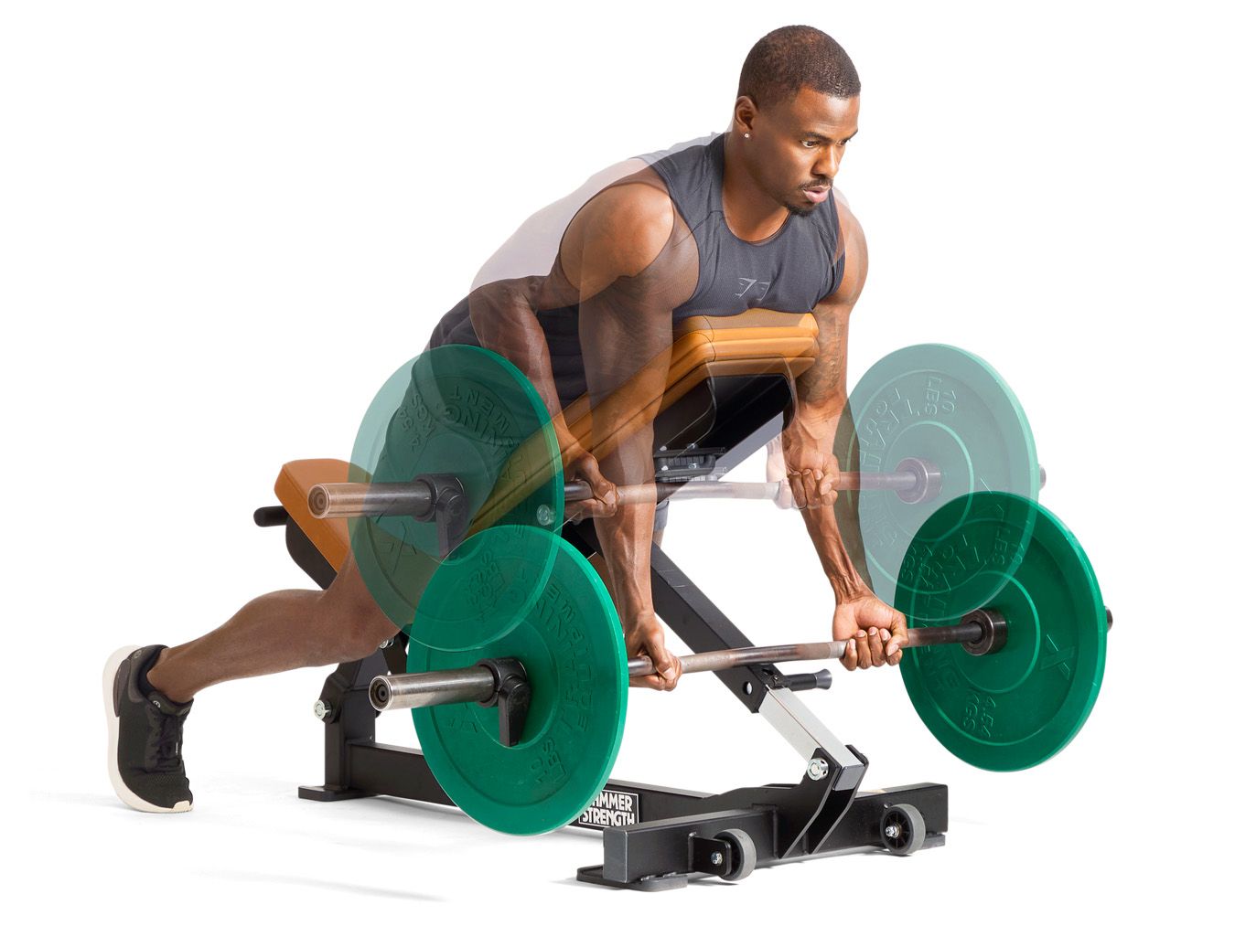 Demonstration of a bentover row exercise with a barbell and weights Demonstration of a bentover row exercise with a barbell and weights
