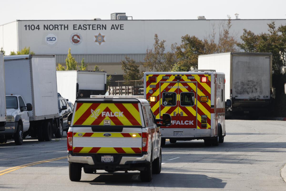 Ambulances arrive at the Biscailuz Center Training Academy.