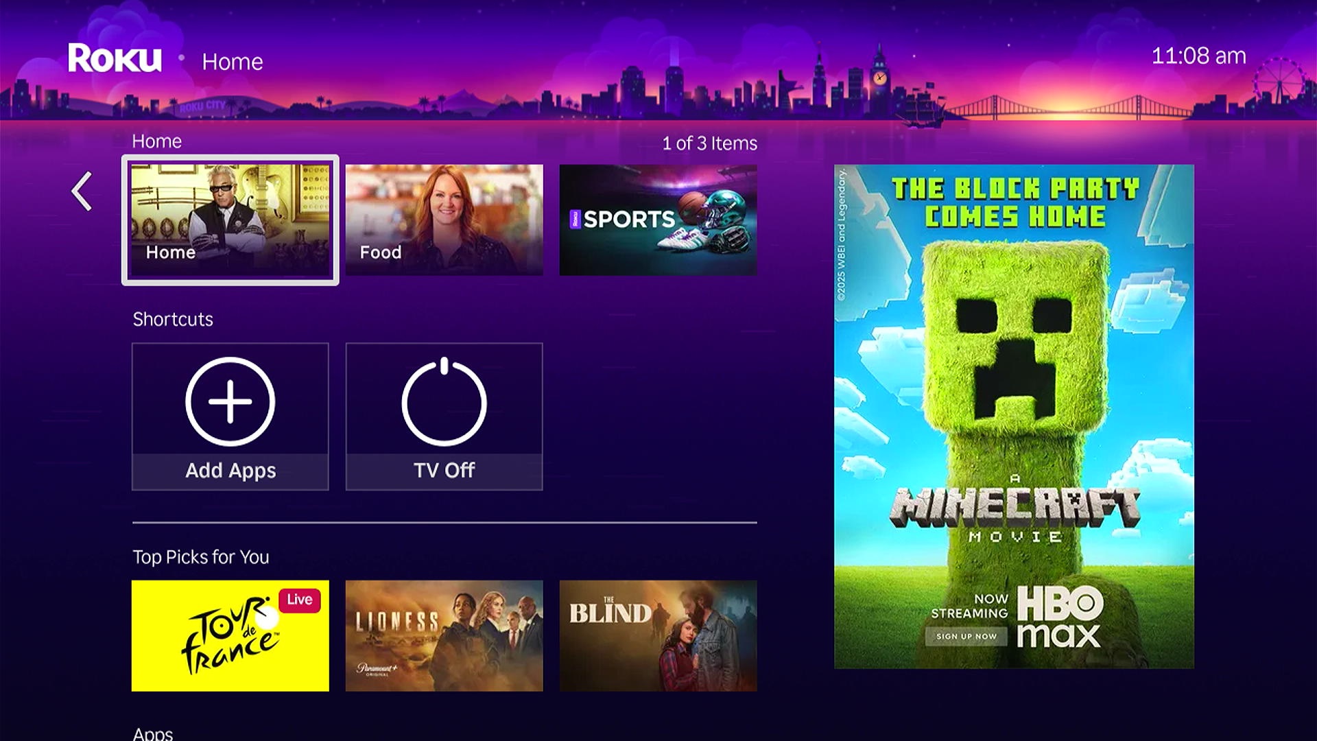 Roku home screen cluttered with genre and content tiles.