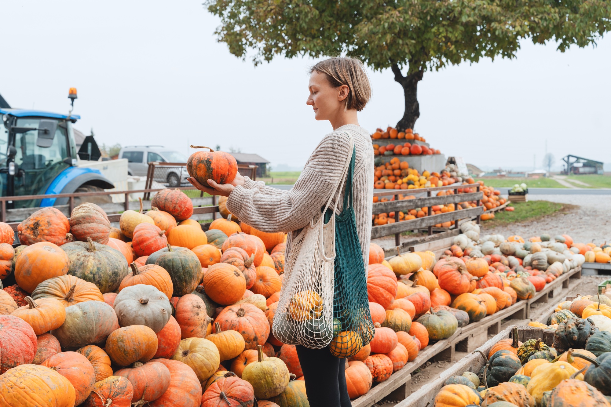 Young woman with mesh shopping bags choosing pumpkins at farm shop.