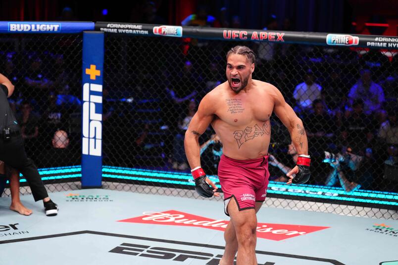 Donte Johnson reacts after defeating Darion Abbey in a heavyweight fight during Dana White's Contender Series season nine, week three at UFC APEX on August 26, 2025 in Las Vegas, Nevada. (Photo by Chris Unger/Zuffa LLC)