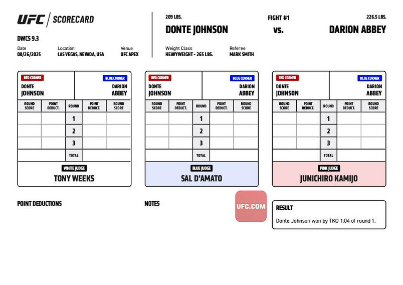 Donte Johnson defeats Darion Abbey by TKO (strikes) at 1:04 of Round 1