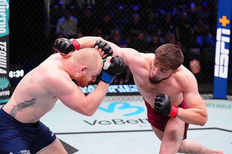 Abdul Rakhman Yakhyaev of Russia punches Alik Lorenz in a light heavyweight fight during Dana White's Contender Series season nine, week three at UFC APEX on August 26, 2025 in Las Vegas, Nevada. (Photo by Chris Unger/Zuffa LLC)