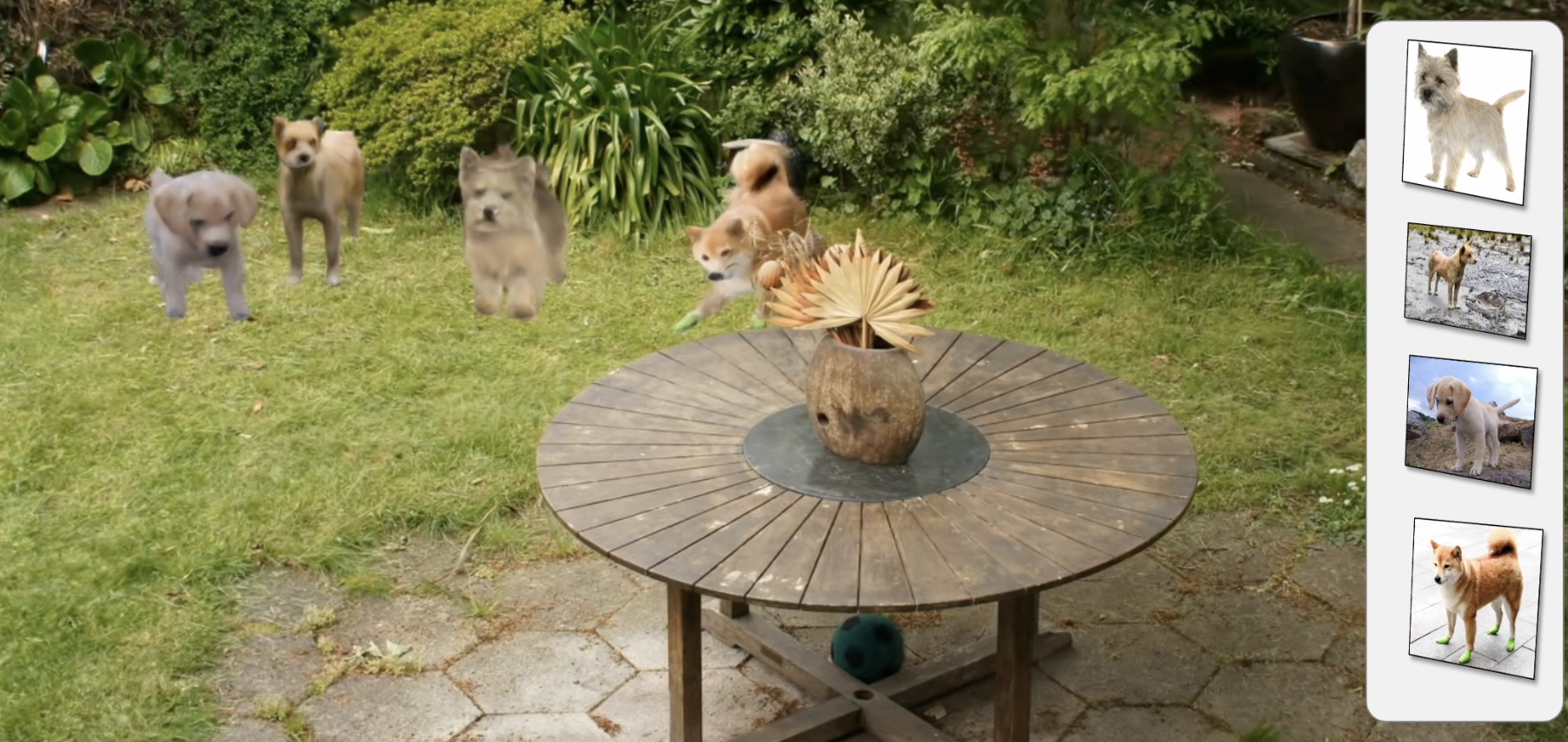 four digital dogs playing in a yard created with virtual reality