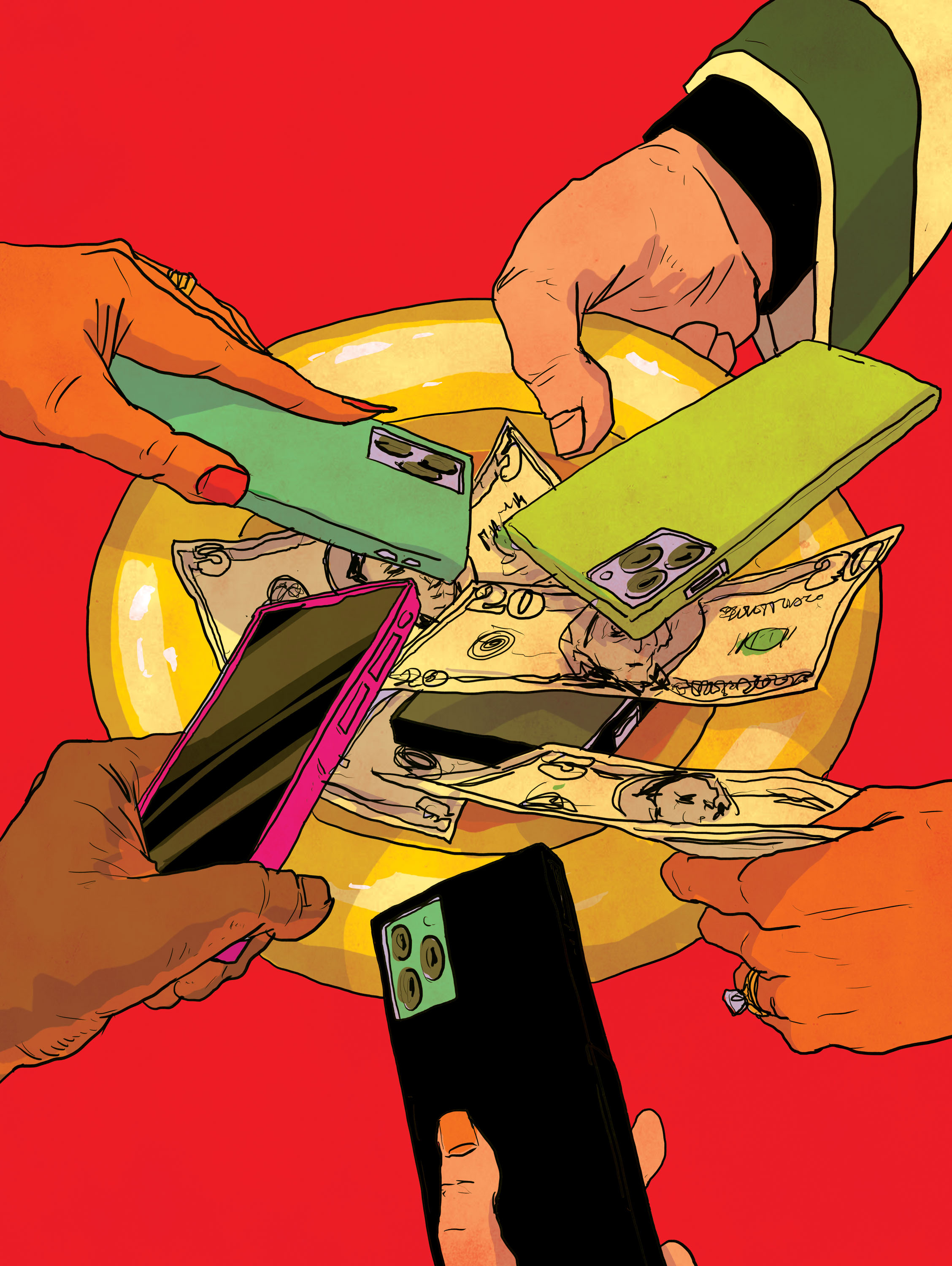 hands putting their phones in a collection plate