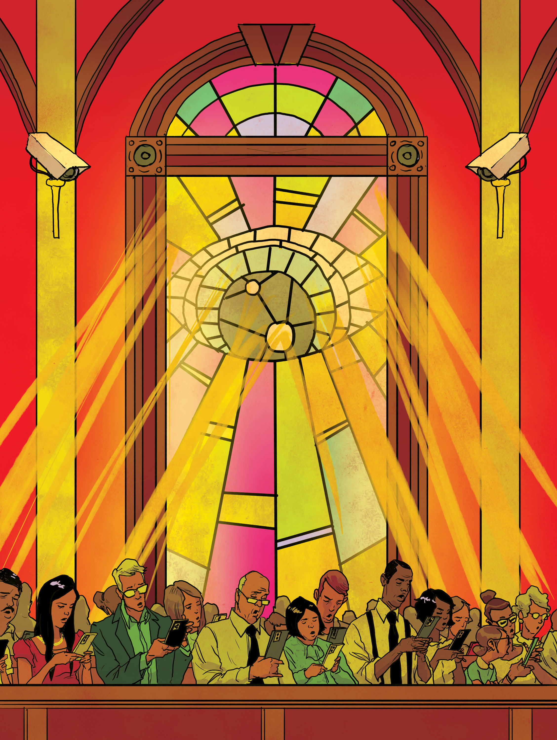 church window over the parishioners has rays of light emanating from a stained glass eye