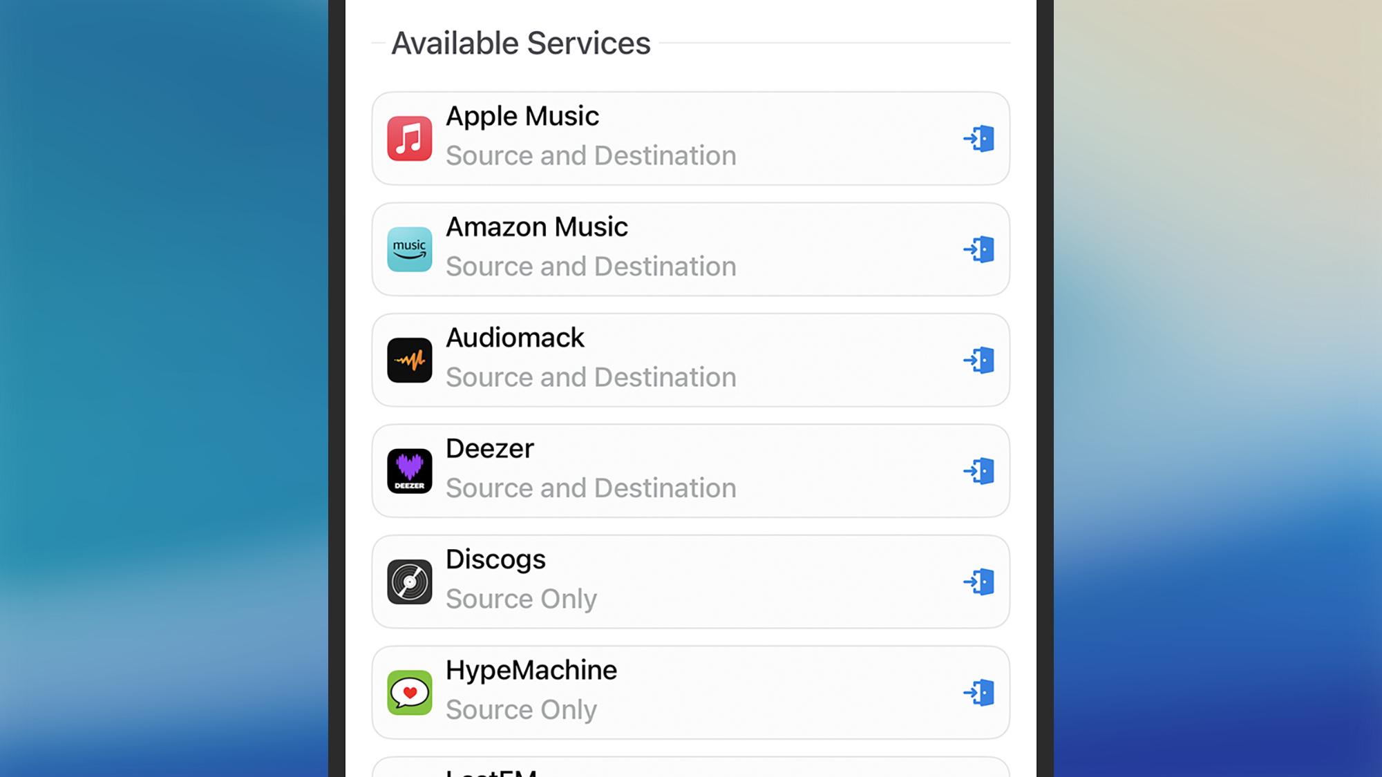 screenshot of available services