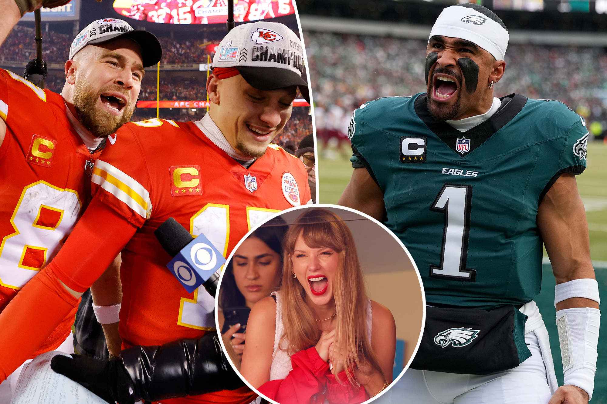 Patrick Mahomes and Travis Kelce split with a photo of Jalen Brunson and an inset of Taylor Swift at a Chiefs game