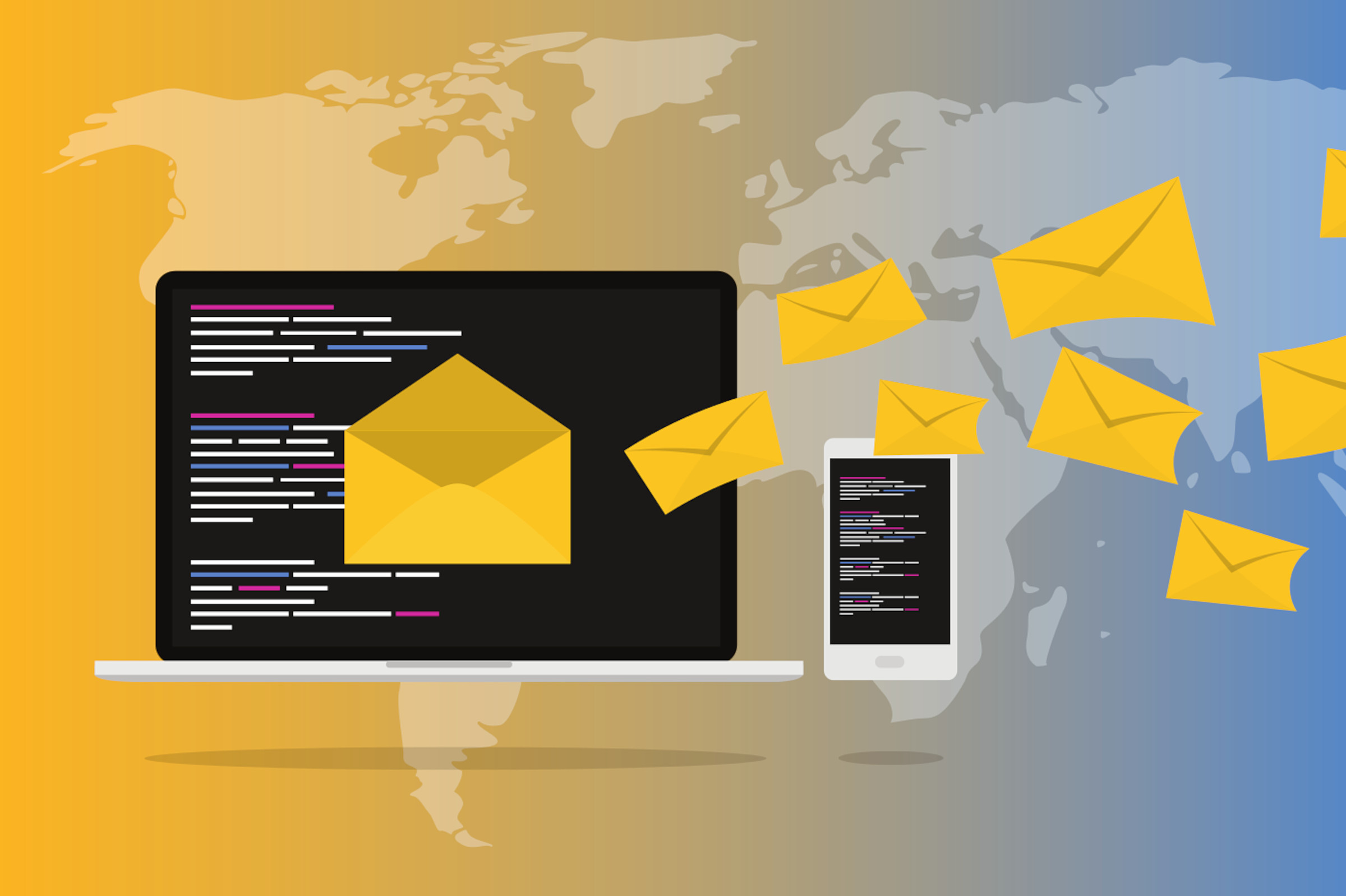 Laptop and phone being bombarded with emails illustration