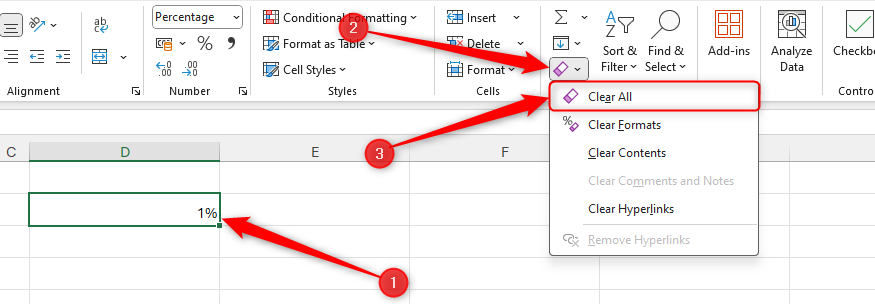 A cell in Excel containing one per cent is selected, and the Clear All option in the Clear drop-down menu is clicked.
